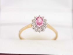 DIAMOND AND PINK TOPAZ HALO RING 9CT GOLD LADIES SIZE U 375 2.1G J80