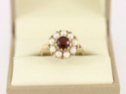 GARNET AND SEED PEARL HALO RING 9CT GOLD LADIES VINTAGE SIZE L 1/2 375 3.5G CG19