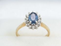 DIAMOND AND TANZANITE ENGAGEMENT CLUSTER RING 9CT GOLD LADIES SIZE H S73