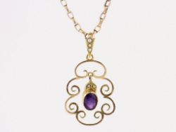 AMETHYST SEED PEARL PENDANT 15CT GOLD LADIES VINTAGE NECKLACE 5.2G AT60