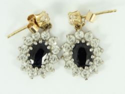 SAPPHIRE HALO DROP EARRINGS 9CT TWO TONE GOLD LADIES STUNNING 375 2.6G EQ14