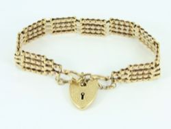 VINTAGE GATE BRACELET 9CT GOLD LADIES HEART PADLOCK CLASP 375 16G EQ2