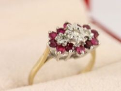 DIAMOND RUBY HALO RING 9CT GOLD LADIES SIZE P 375 2.9G CU17