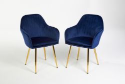 PAIR OF DESIGNER STYLISH BLUE DINING CHAIRS - VELVET SEAT CUSHION GOLD LEGS RRP £249