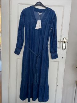 PER UNA V NECK PURE COTTON DENIM LONG DRESS SIZE 8
