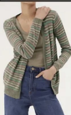 2 X M&S WOMEN L KHAKI GREEN STRIPED RELAXED OPEN FRONT CARDIGAN LINEN SIZE 16 18