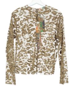 MSGM TAN EMBROIDERED LEOPARD PRINT SHEER MESH LONG SLEEVE TOP UK 6