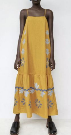 ZARA MUSTARD YELLOW MIDI EMBROIDERED DRESS UK M