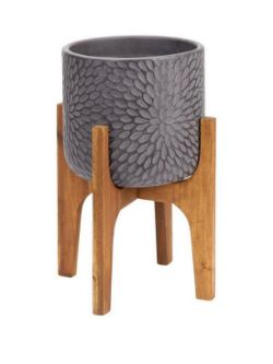 PETAL PRINT POT ON WOODEN LEGS DARK GREY RRP £40