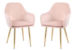 PAIR OF DESIGNER STYLISH PINK DINING CHAIRS - VELVET SEAT CUSHION GOLD LEGS RRP £249