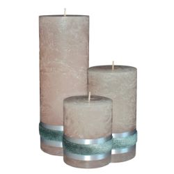 2X BADIDI PILLAR CANDLES LARGE SET OF 3 HOME AND ROOM DECOR SILVER RING AND VELOUR
