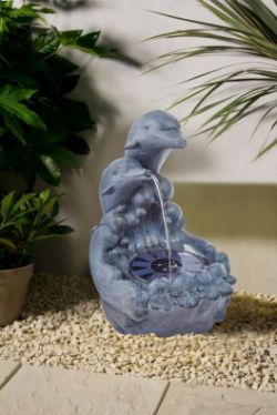 BRAND NEW SOLAR PLAYING DOLPHINS WATER FEATURE DUAL POWER GARDEN WITH LED LIGHTS