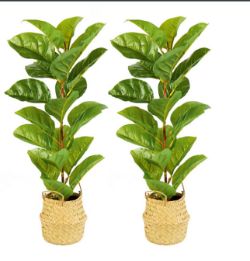 2 X FIDDLE LEAF ARTIFICIAL PLANT IN NATURAL STRAW BASKET 66CM