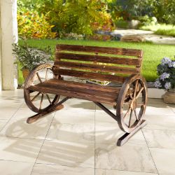 **NEW**GARDEN BENCH W/ WOODEN CART WAGON WHEEL RUSTIC HIGH BACK BROWN 2 SEATER