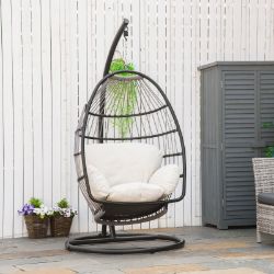 **NEW**RATTAN WEAVE HANGING EGG CHAIR W/ FOLDING DESIGN INDOOR & OUTDOOR BLACK>>DELIVERY AVAILABLE<<