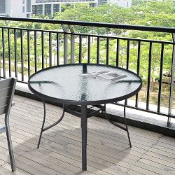 **NEW**TEMPERED GLASS TOP ROUND GARDEN DINING TABLE WITH PARASOL HOLE 106CM>>DELIVERY AVAILABLE<<