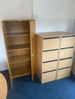 WOODEN SHELVING AND DOUBLE DRAW SET