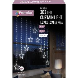 1.2M PREMIER CHRISTMAS STATIC STAR LED SILVER PIN WIRE V CURTAIN LIGHTS IN WHITE