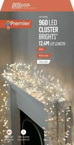 PREMIER 960 LED CLUSTER MULTI-ACTION CHRISTMAS LIGHTS CLEAR CABLE - WHITE