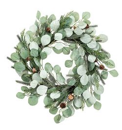 PREMIER DECORATED EUCALYPTUS WREATH WITH RATTAN BASE, CONES, LEAVES WITH GLITTER