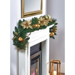 PREMIER DECORATIONS CHRISTMAS GOLD POINSETTIA SEQUINED GARLAND WITH GOLD BAUBLES