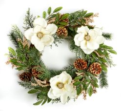PREMIER CHRISTMAS DOOR WREATH LUXURY ARTIFICIAL MAGNOLIA PINE CONES CREAM 50CM