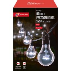 PREMIER 50 BULB OUTDOOR FESTOON LIGHTS WHITE MULTI ACTION 24.5M LENGTH