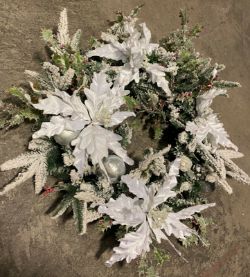 WHITE POINSETTIA LEAF SILVER HOLLY PINE CONE 60CM CHRISTMAS DECORATION WREATH