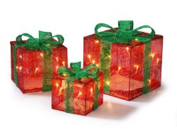 SET OF 3 LIGHT UP RED & GREEN PARCELS 40 WARM WHITE LED GLITTER CHRISTMAS BOXES