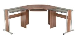 10 X BRAND NEW FLAT PACKED LARGE CORNER DESKS - WALNUT EFFECT WITH GLASS WINGS