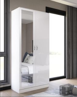 MIRRORRED 2 DOOR SOFT CLOSE WARDROBE - HEIGHT 180 CM X WIDTH 76 CM X DEPTH 47 CM (WHITE ON WHITE)
