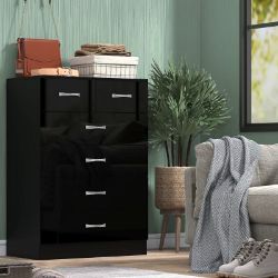 HIGH GLOSS BLACK 6 DRAWER SIDEBOARD / CUPBOARD / BUFFET / CHEST