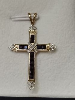 STUNNING 9CT YELLOW GOLD SAPPHIRE & DIAMOND CROSS + GIFT BOX + VALUATION CERTIFICATE OF £795