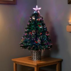 PREMIER FIBRE OPTIC CHRISTMAS TREE 80CM PINE CONES & BERRIES STARS
