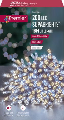 PREMIER 200 MULTI-ACTION XMAS LIGHTS LED SUPABRIGHTS WARM WHITE & WHITE