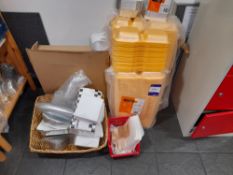 Assortment of food and drink consumables, including trays, plastic cups, boxes