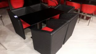 5 x black & red faux leather upholstered chairs and chrome based pedestal table