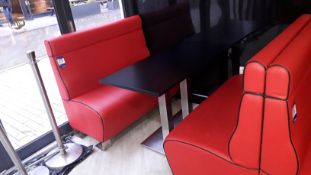 2 x red faux leather upholstered benches with chrome pedestal table 1200mm (benches are drilled to