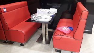 2 x red faux leather upholstered benches with chrome pedestal table 1200mm (benches are drilled to