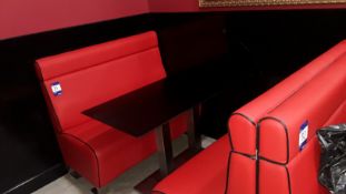 2 x red faux leather upholstered benches with chrome pedestal table 1200mm (benches are drilled to