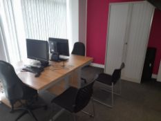 2 x Single person workstations, with fabric upholstered operators chairs, 2 x chairs, and Bisley
