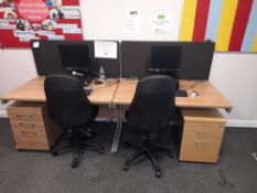 2 x Single person workstations, 2 x pedestals, and 2 x operators chairs, and metal 3 drawer pedestal