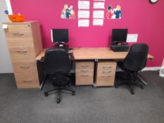 2 x Single person workstations, 2 x pedestals, and 2 x operators chairs, and 4 drawer wooden