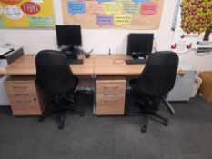 2 x Single person workstations, 2 x pedestals, and 2 x operators chairs, and metal 3 drawer pedestal