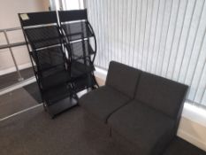 2 x Fabric upholstered receptions chairs, and 2 x mobile magazine / display stands (viewing strongly