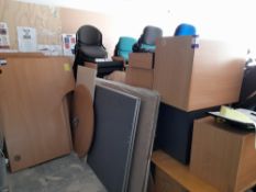 Large quantity of various office furniture, including fabric upholstered chairs, workstations (dis-