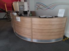 Large shaped 2 person reception booth, including 2 x fabric upholstered operators chairs, 2 x 3