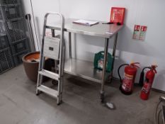 Stainless steel mobile table with shelf under, approx. 800 x 600 and Abru 3 step platform ladder