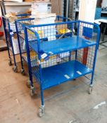 3 x blue mobile steel two tier trollies