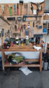 Timber framed work stand and 2 bays of racking and contents to include various hand tools